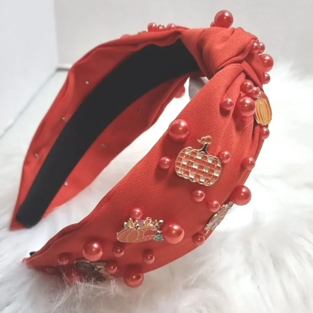 THANKSGIVING FALL PEARL JEWELED HEADBAND turkey pumpkin